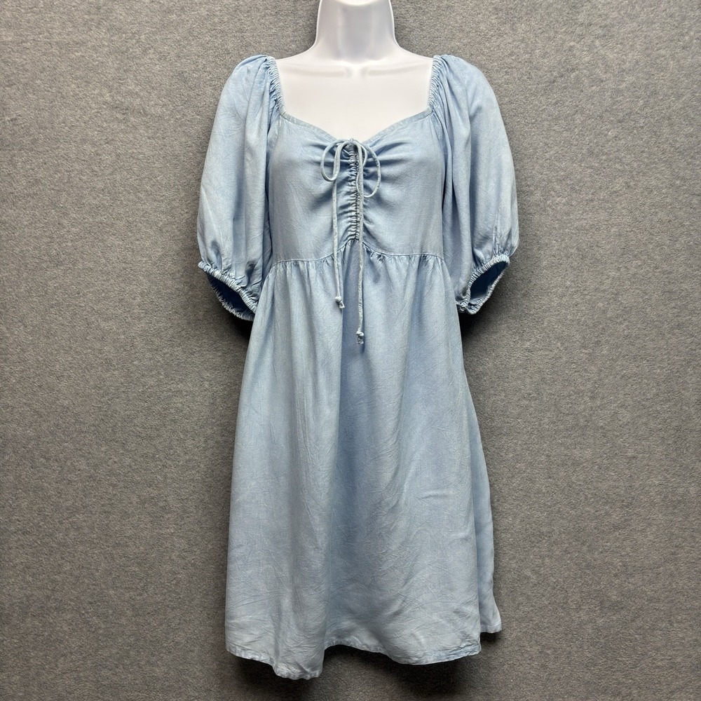 Sim & Sam Chambray Denim Dress Cinch Tie Chest Sz M Smocked Back Puff Sleeve